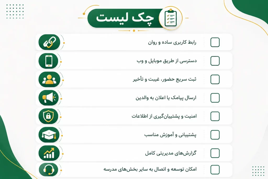 چک لیست انتخاب نرم افزار حضور و غیاب مدارس