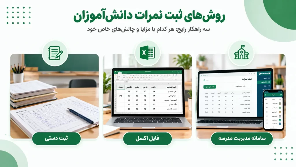 روشهای ثبت نمرات دانشآموزان به صورت دستی، اکسل و سامانه مدیریت مدرسه